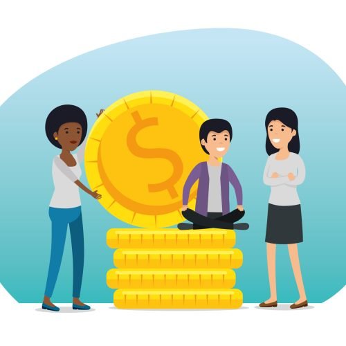 women and boy with coins and society cooperation vector illustration